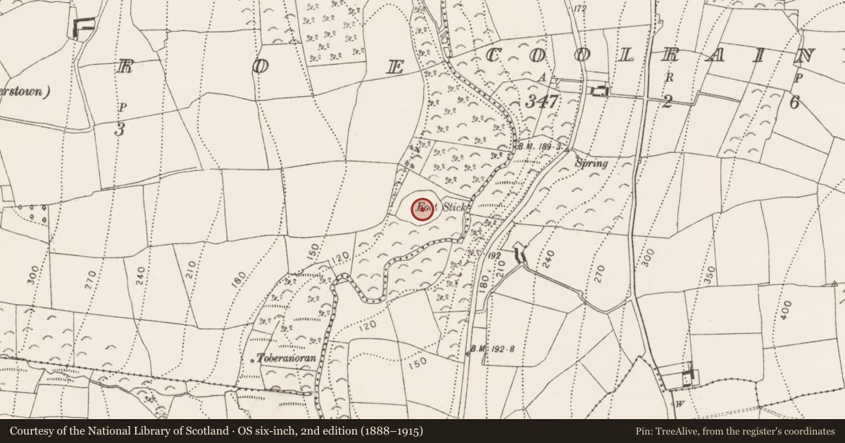 Ordnance Survey six-inch map, 2nd edition (1888–1915) covering the location of Enclosure, Coolroe, County Kilkenny, with a pin at the register's coordinates