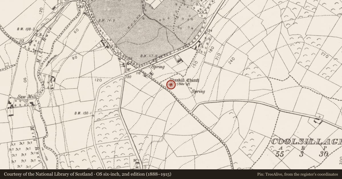 Ordnance Survey six-inch map, 2nd edition (1888–1915) covering the location of Church, Kilmacshane, County Kilkenny, with a pin at the register's coordinates