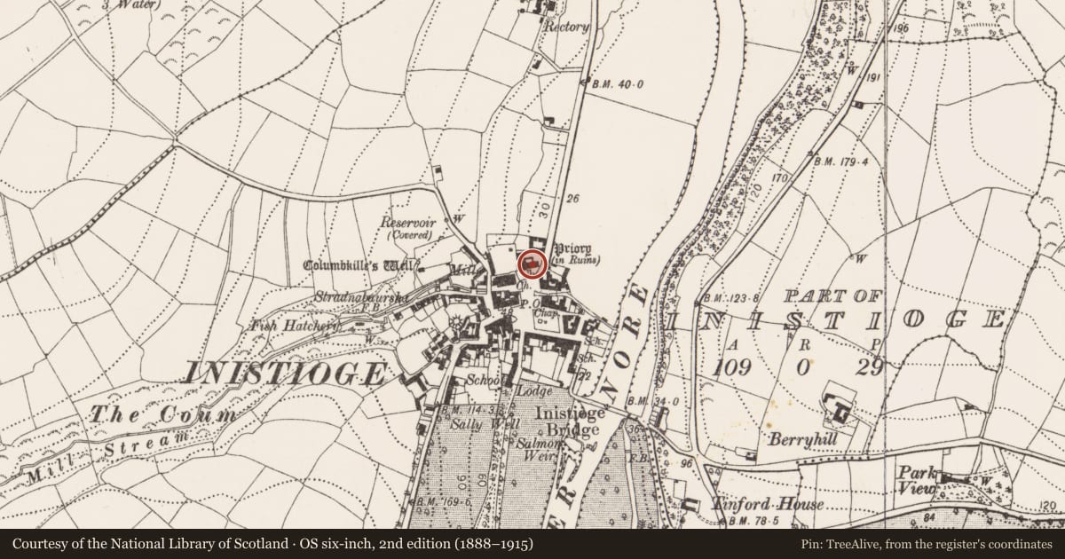 Ordnance Survey six-inch map, 2nd edition (1888–1915) covering the location of Font (present location), Inistioge, County Kilkenny, with a pin at the register's coordinates