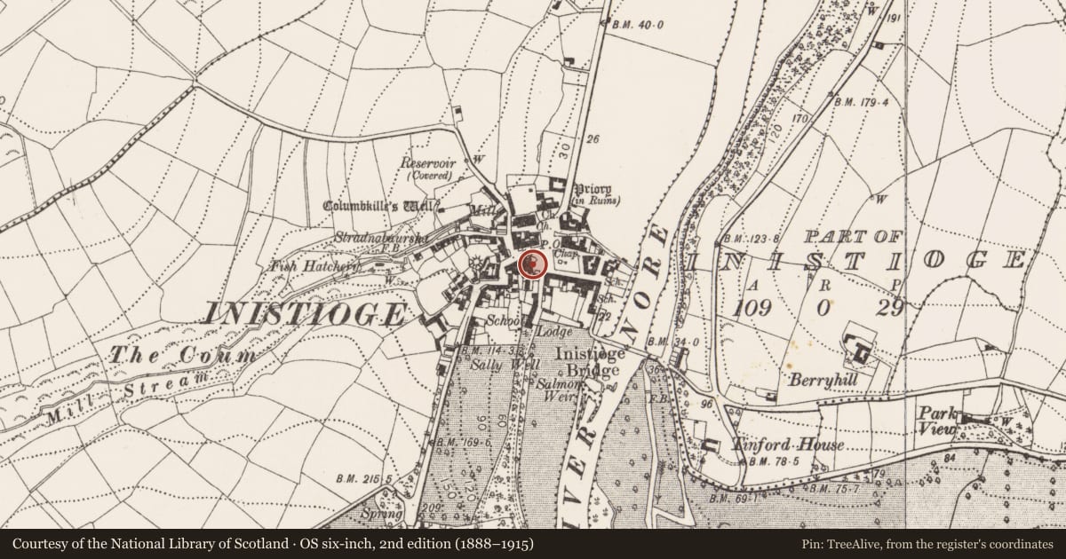 Ordnance Survey six-inch map, 2nd edition (1888–1915) covering the location of House - fortified house, Inistioge, County Kilkenny, with a pin at the register's coordinates