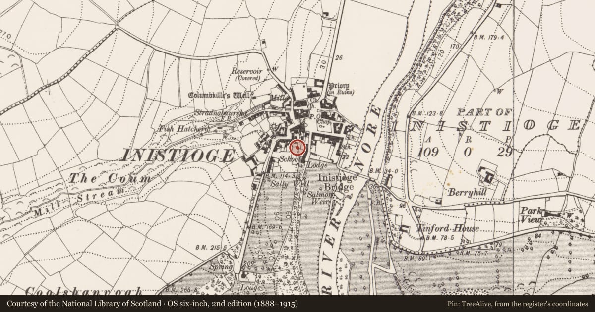 Ordnance Survey six-inch map, 2nd edition (1888–1915) covering the location of Town defences, Inistioge, County Kilkenny, with a pin at the register's coordinates