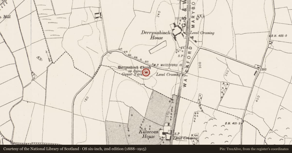 Ordnance Survey six-inch map, 2nd edition (1888–1915) covering the location of Graveyard, Derrynahinch, County Kilkenny, with a pin at the register's coordinates