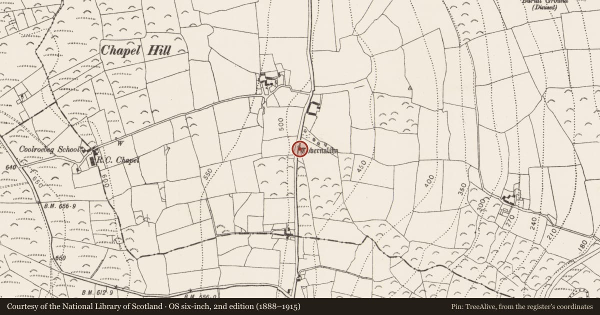 Ordnance Survey six-inch map, 2nd edition (1888–1915) covering the location of Ritual site - holy well, Powerswood, County Kilkenny, with a pin at the register's coordinates