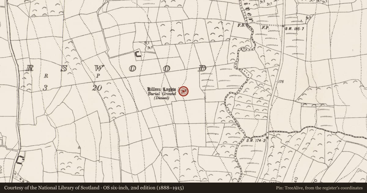 Ordnance Survey six-inch map, 2nd edition (1888–1915) covering the location of Church, Powerswood, County Kilkenny, with a pin at the register's coordinates