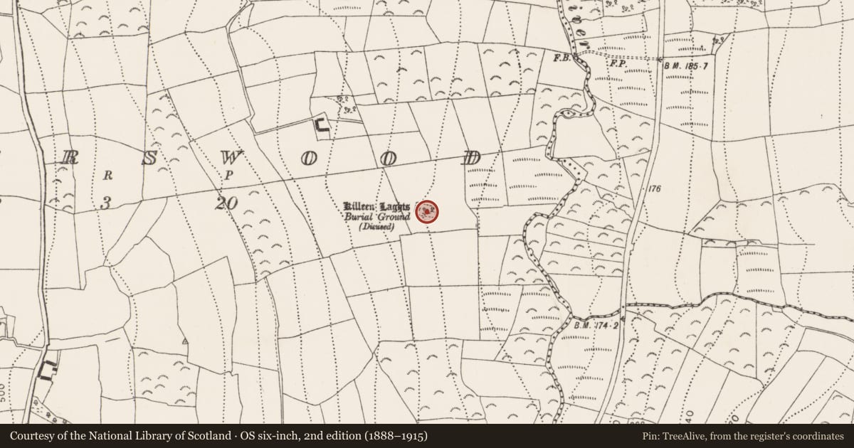 Ordnance Survey six-inch map, 2nd edition (1888–1915) covering the location of Bullaun stone, Powerswood, County Kilkenny, with a pin at the register's coordinates