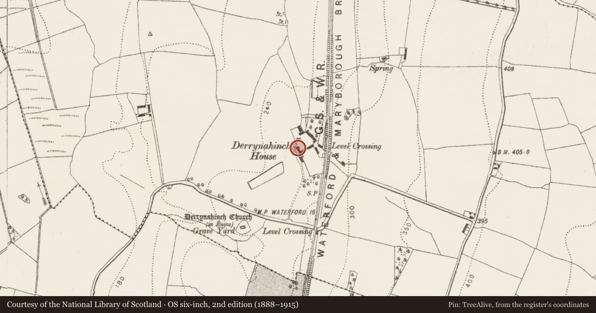 Ordnance Survey six-inch map, 2nd edition (1888–1915) covering the location of House - 17th century, Derrynahinch, County Kilkenny, with a pin at the register's coordinates