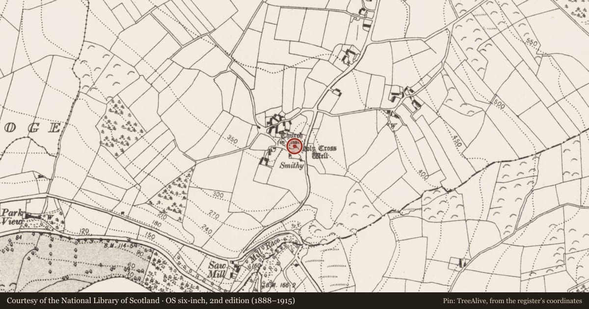 Ordnance Survey six-inch map, 2nd edition (1888–1915) covering the location of Ritual site - holy well, Kilcross, County Kilkenny, with a pin at the register's coordinates