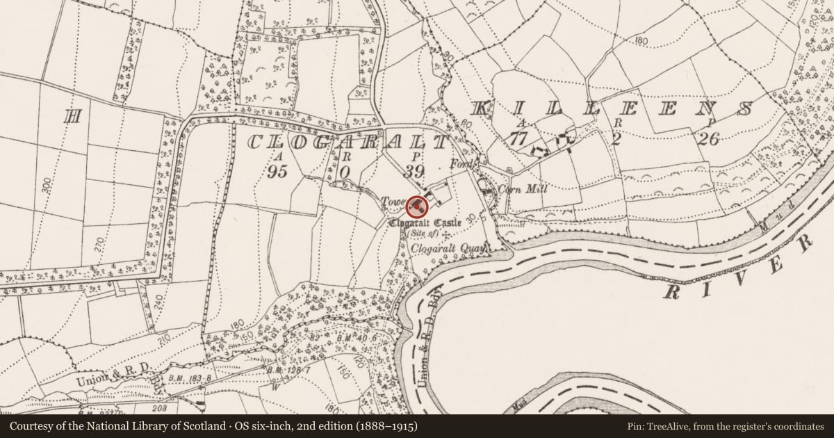 Ordnance Survey six-inch map, 2nd edition (1888–1915) covering the location of Dovecote, Clogaralt, County Kilkenny, with a pin at the register's coordinates