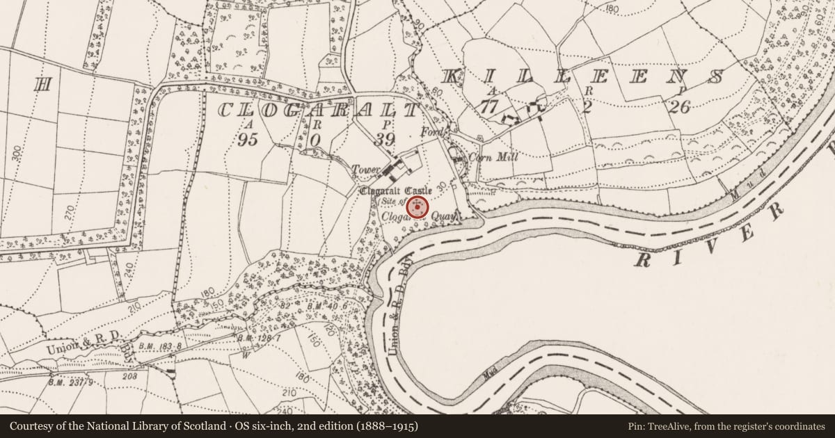Ordnance Survey six-inch map, 2nd edition (1888–1915) covering the location of Castle - unclassified, Clogaralt, County Kilkenny, with a pin at the register's coordinates