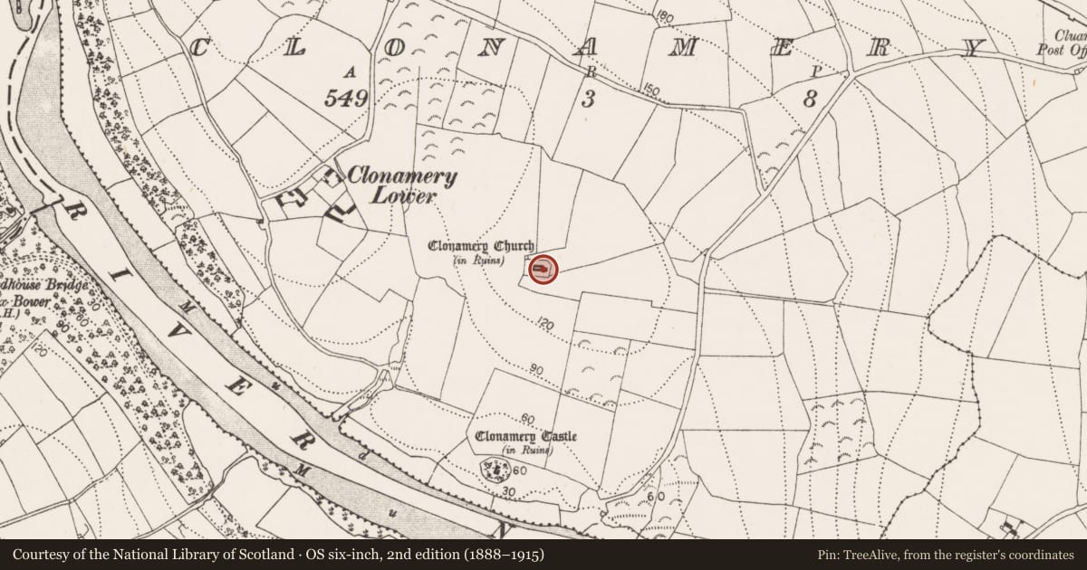 Ordnance Survey six-inch map, 2nd edition (1888–1915) covering the location of Church, Clonamery, County Kilkenny, with a pin at the register's coordinates
