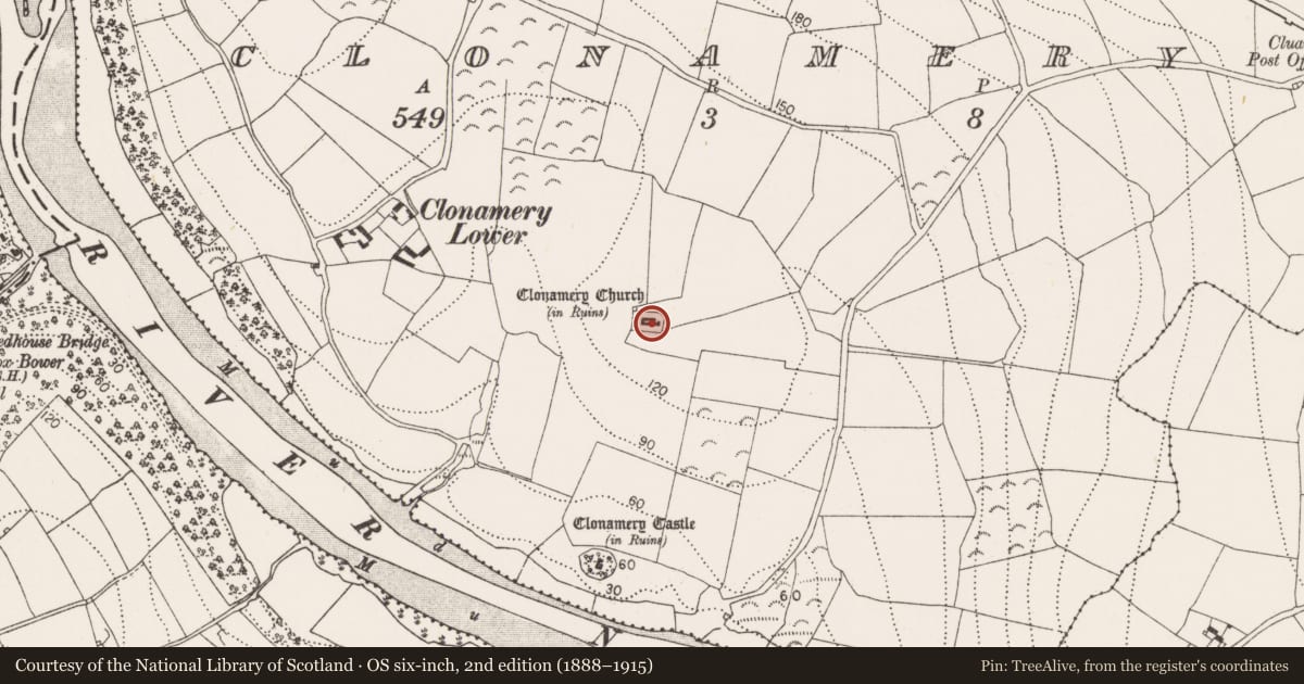 Ordnance Survey six-inch map, 2nd edition (1888–1915) covering the location of Graveyard, Clonamery, County Kilkenny, with a pin at the register's coordinates