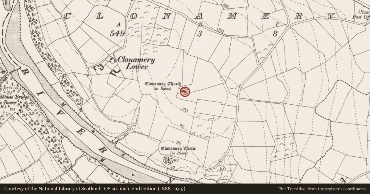 Ordnance Survey six-inch map, 2nd edition (1888–1915) covering the location of Cross-inscribed pillar, Clonamery, County Kilkenny, with a pin at the register's coordinates
