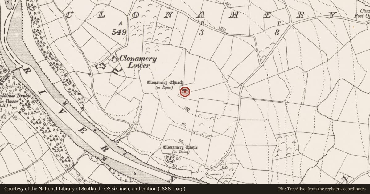 Ordnance Survey six-inch map, 2nd edition (1888–1915) covering the location of Font, Clonamery, County Kilkenny, with a pin at the register's coordinates