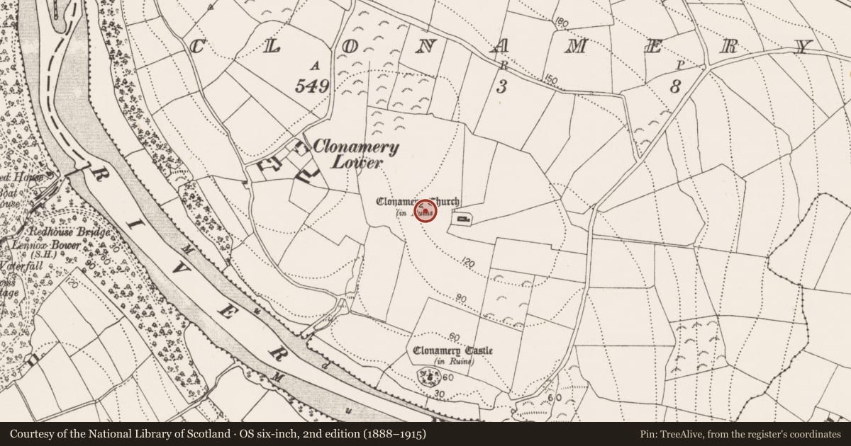 Ordnance Survey six-inch map, 2nd edition (1888–1915) covering the location of Clochan, Clonamery, County Kilkenny, with a pin at the register's coordinates