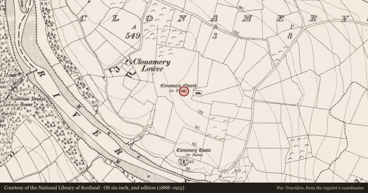 Ordnance Survey six-inch map, 2nd edition (1888–1915) covering the location of Clochan, Clonamery, County Kilkenny, with a pin at the register's coordinates