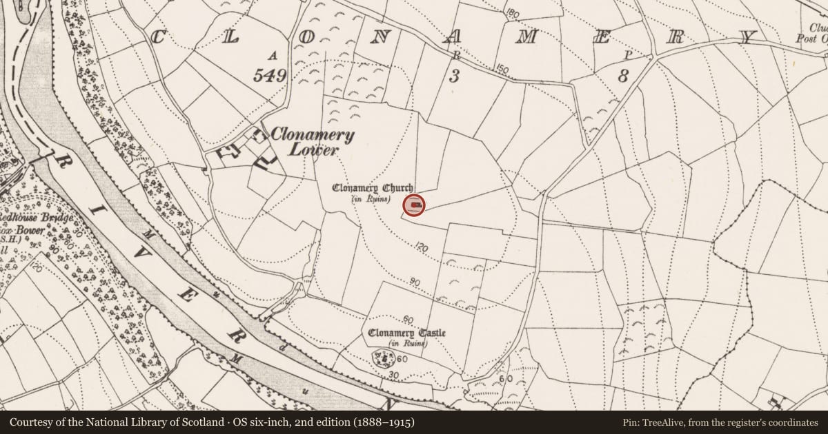 Ordnance Survey six-inch map, 2nd edition (1888–1915) covering the location of Architectural feature, Clonamery, County Kilkenny, with a pin at the register's coordinates