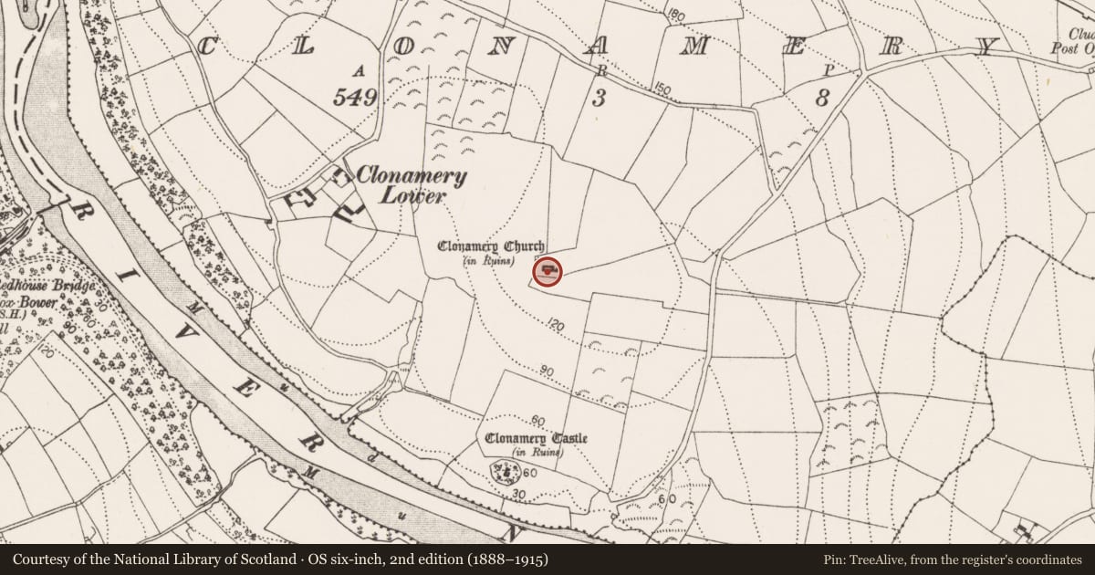 Ordnance Survey six-inch map, 2nd edition (1888–1915) covering the location of Cross-inscribed pillar, Clonamery, County Kilkenny, with a pin at the register's coordinates