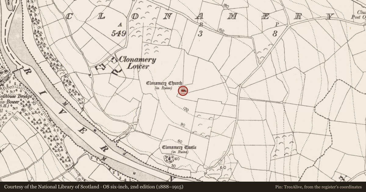Ordnance Survey six-inch map, 2nd edition (1888–1915) covering the location of Cross-inscribed pillar, Clonamery, County Kilkenny, with a pin at the register's coordinates