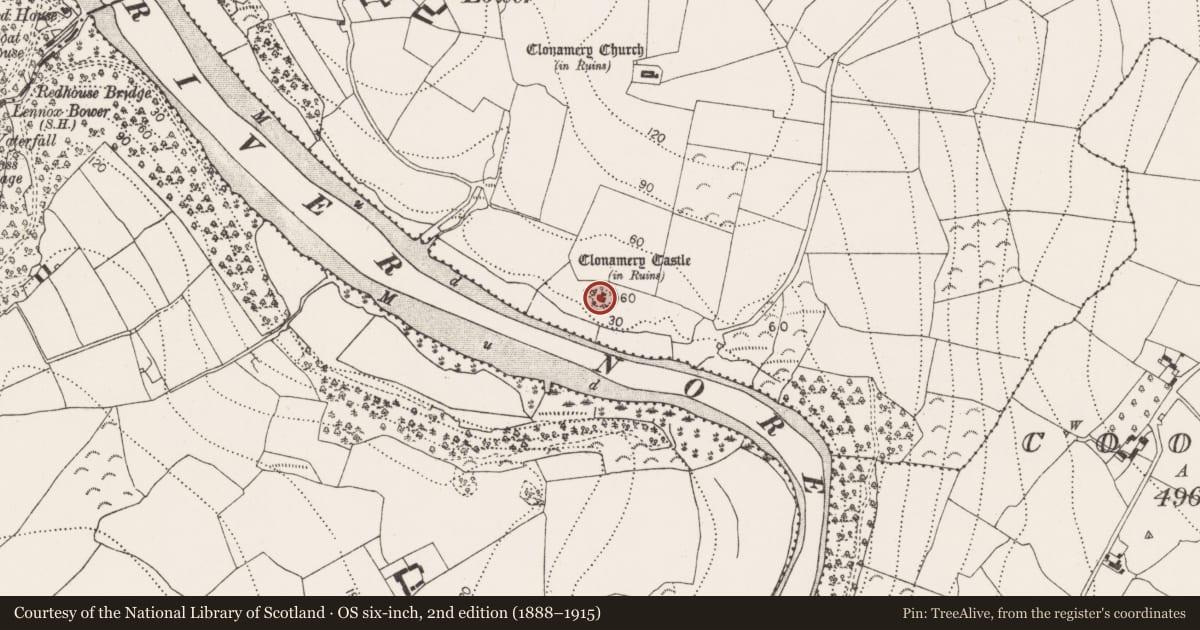 Ordnance Survey six-inch map, 2nd edition (1888–1915) covering the location of Castle - unclassified, Clonamery, County Kilkenny, with a pin at the register's coordinates