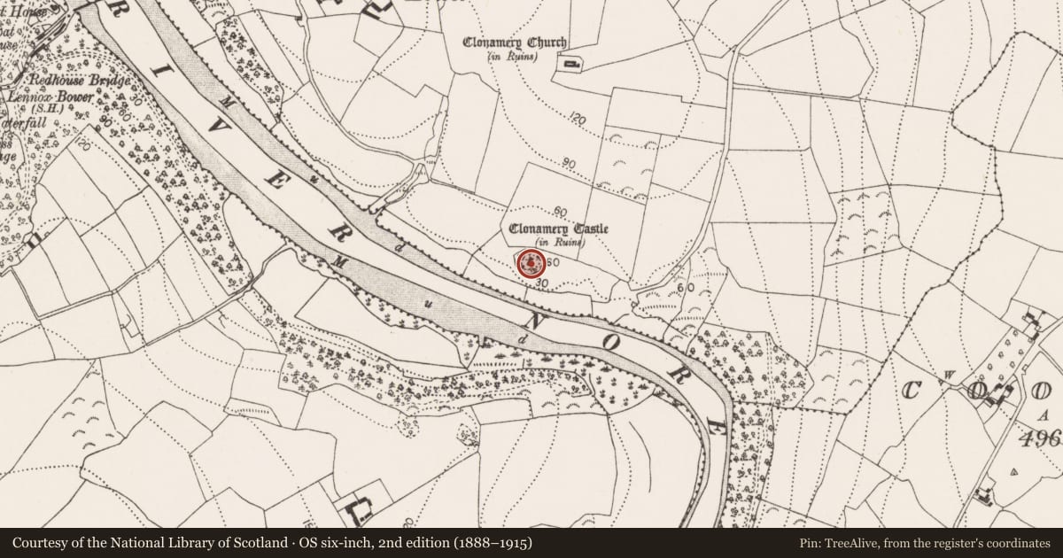 Ordnance Survey six-inch map, 2nd edition (1888–1915) covering the location of Castle - motte, Clonamery, County Kilkenny, with a pin at the register's coordinates
