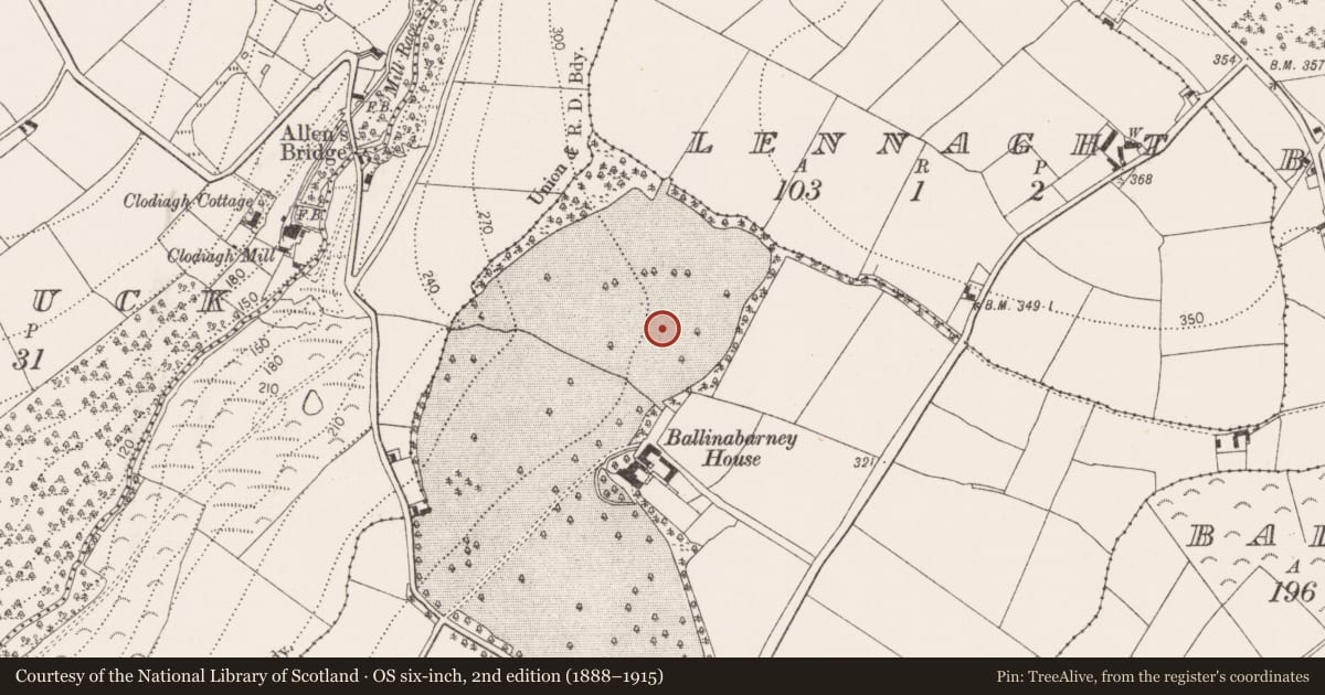 Ordnance Survey six-inch map, 2nd edition (1888–1915) covering the location of Enclosure, Ballinabarney, County Kilkenny, with a pin at the register's coordinates