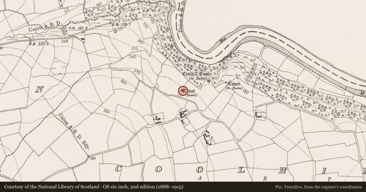 Ordnance Survey six-inch map, 2nd edition (1888–1915) covering the location of Designed landscape - folly, Coolhill, County Kilkenny, with a pin at the register's coordinates