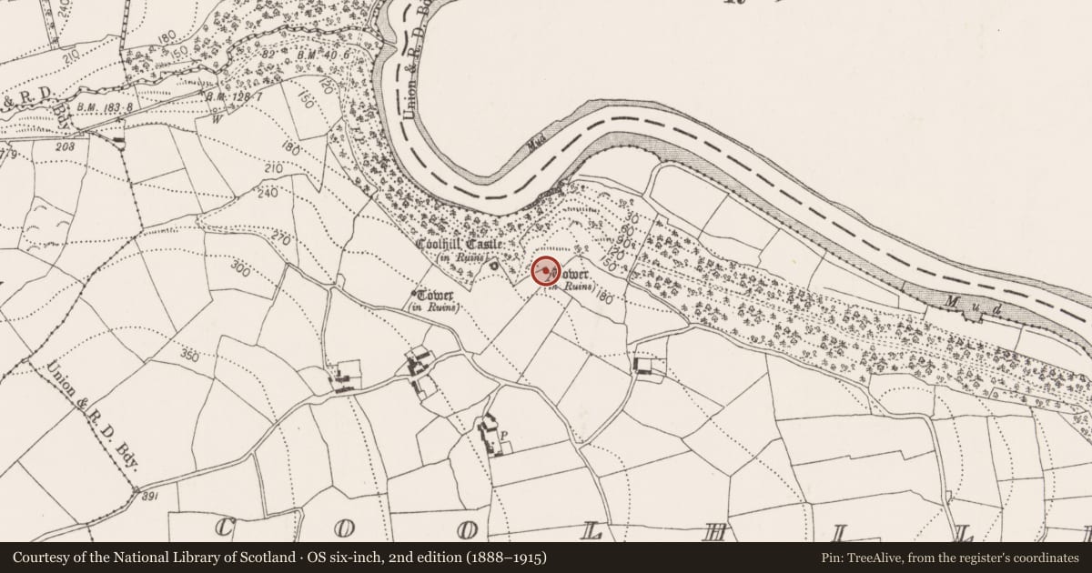 Ordnance Survey six-inch map, 2nd edition (1888–1915) covering the location of Designed landscape - folly, Coolhill, County Kilkenny, with a pin at the register's coordinates