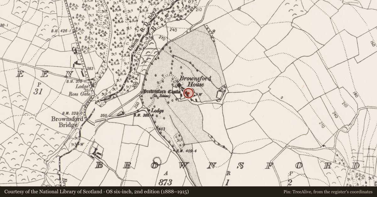 Ordnance Survey six-inch map, 2nd edition (1888–1915) covering the location of Castle - tower house, Brownsford, County Kilkenny, with a pin at the register's coordinates