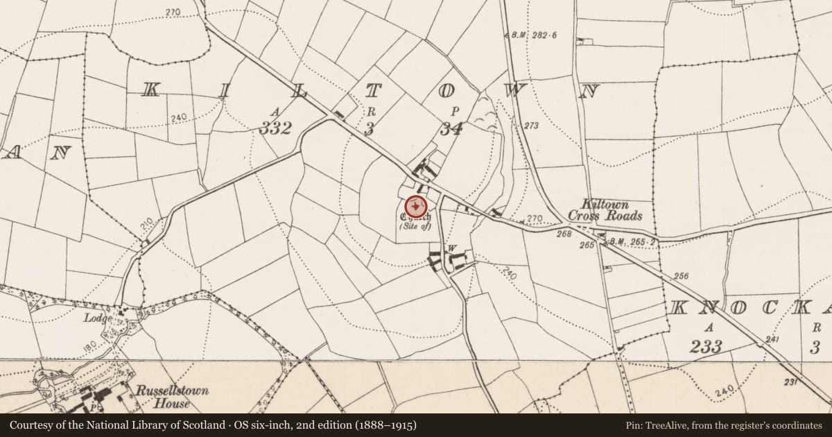 Ordnance Survey six-inch map, 2nd edition (1888–1915) covering the location of Church, Kiltown, County Kilkenny, with a pin at the register's coordinates