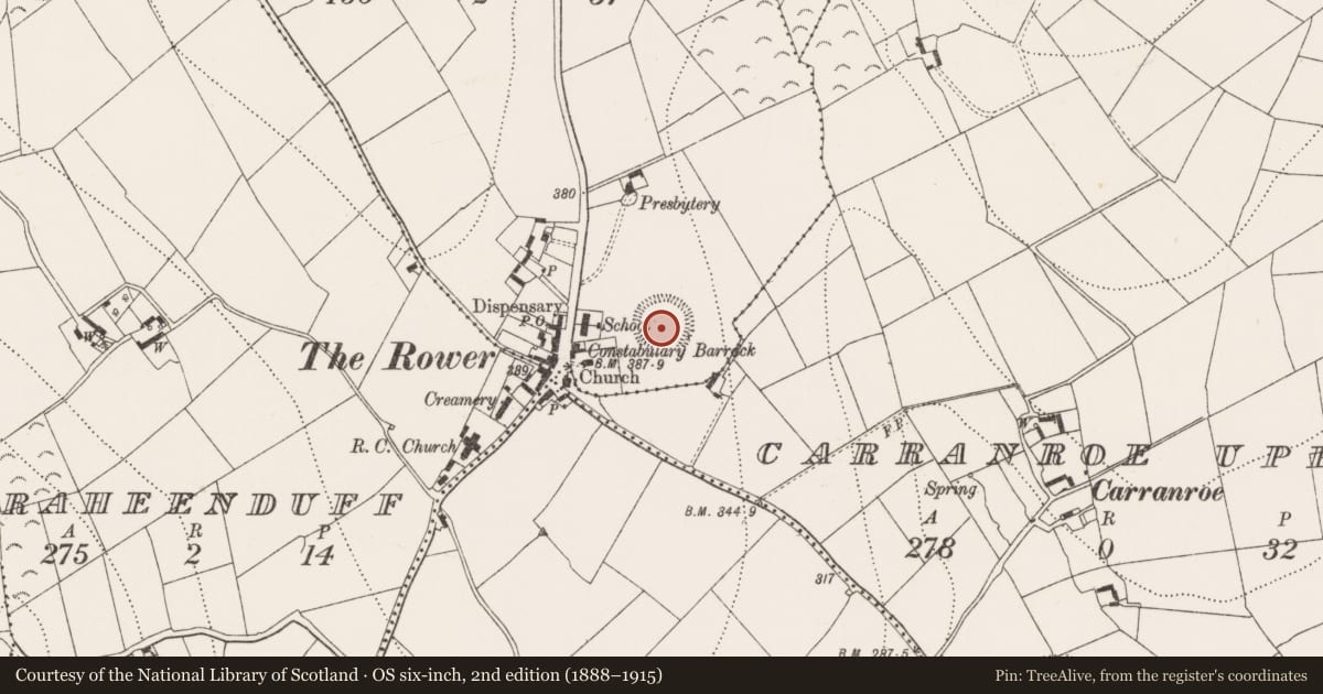 Ordnance Survey six-inch map, 2nd edition (1888–1915) covering the location of Castle - unclassified, Farrantemple, County Kilkenny, with a pin at the register's coordinates