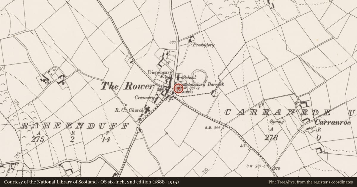 Ordnance Survey six-inch map, 2nd edition (1888–1915) covering the location of Graveyard, Farrantemple, County Kilkenny, with a pin at the register's coordinates
