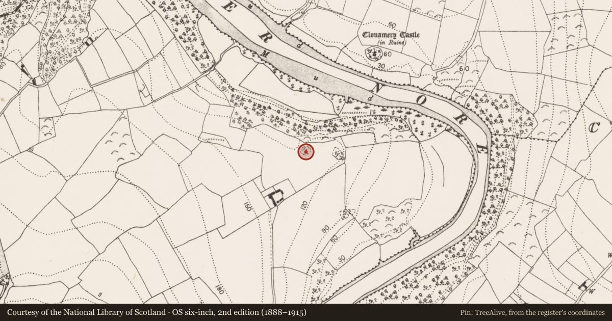 Ordnance Survey six-inch map, 2nd edition (1888–1915) covering the location of Castle - unclassified, Brownsford, County Kilkenny, with a pin at the register's coordinates