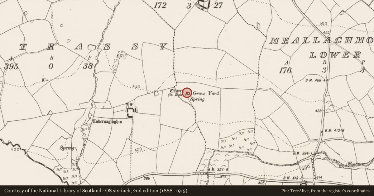 Ordnance Survey six-inch map, 2nd edition (1888–1915) covering the location of Church, Oldcastle Lower, County Kilkenny, with a pin at the register's coordinates