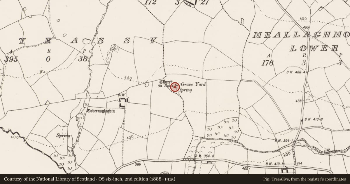 Ordnance Survey six-inch map, 2nd edition (1888–1915) covering the location of Ritual site - holy well, Oldcastle Lower, County Kilkenny, with a pin at the register's coordinates