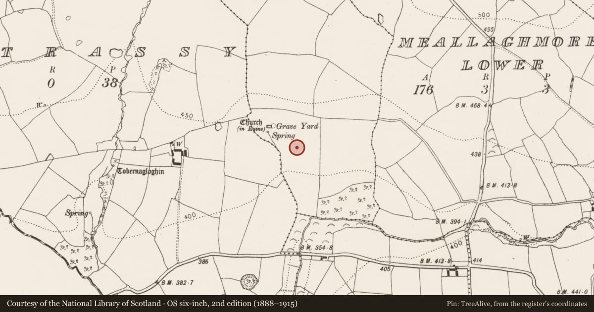 Ordnance Survey six-inch map, 2nd edition (1888–1915) covering the location of Fulacht fia, Oldcastle Lower, County Kilkenny, with a pin at the register's coordinates