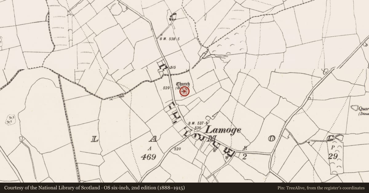 Ordnance Survey six-inch map, 2nd edition (1888–1915) covering the location of Church, Lamoge, County Kilkenny, with a pin at the register's coordinates