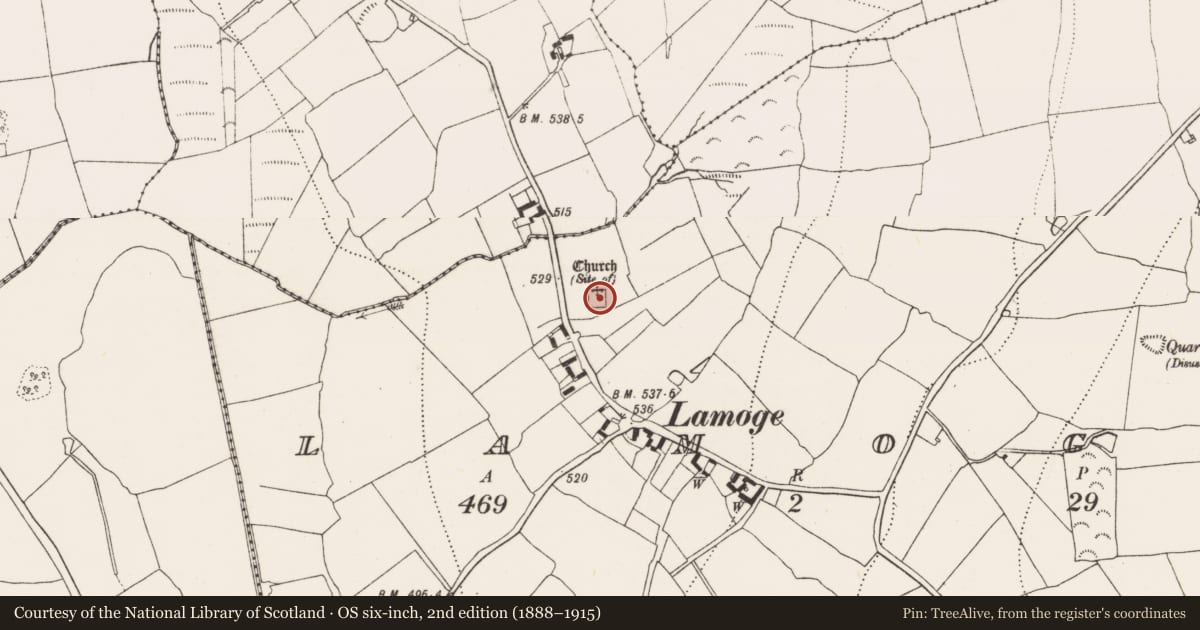 Ordnance Survey six-inch map, 2nd edition (1888–1915) covering the location of Ogham stone, Lamoge, County Kilkenny, with a pin at the register's coordinates