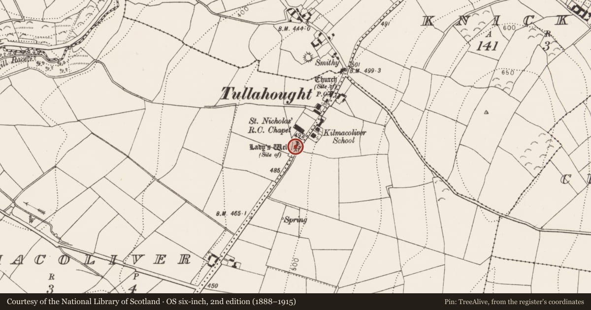 Ordnance Survey six-inch map, 2nd edition (1888–1915) covering the location of Ritual site - holy well, Kilmacoliver, County Kilkenny, with a pin at the register's coordinates