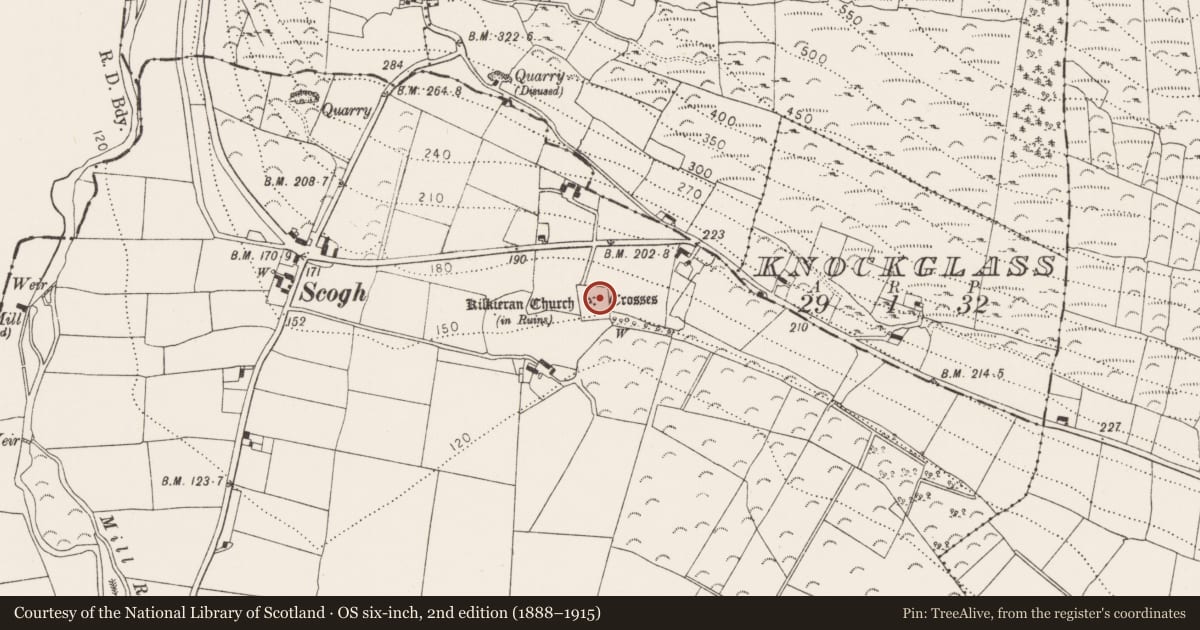 Ordnance Survey six-inch map, 2nd edition (1888–1915) covering the location of Cross - High cross, Castletown, County Kilkenny, with a pin at the register's coordinates