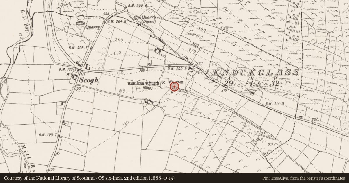 Ordnance Survey six-inch map, 2nd edition (1888–1915) covering the location of Ritual site - holy well, Castletown, County Kilkenny, with a pin at the register's coordinates