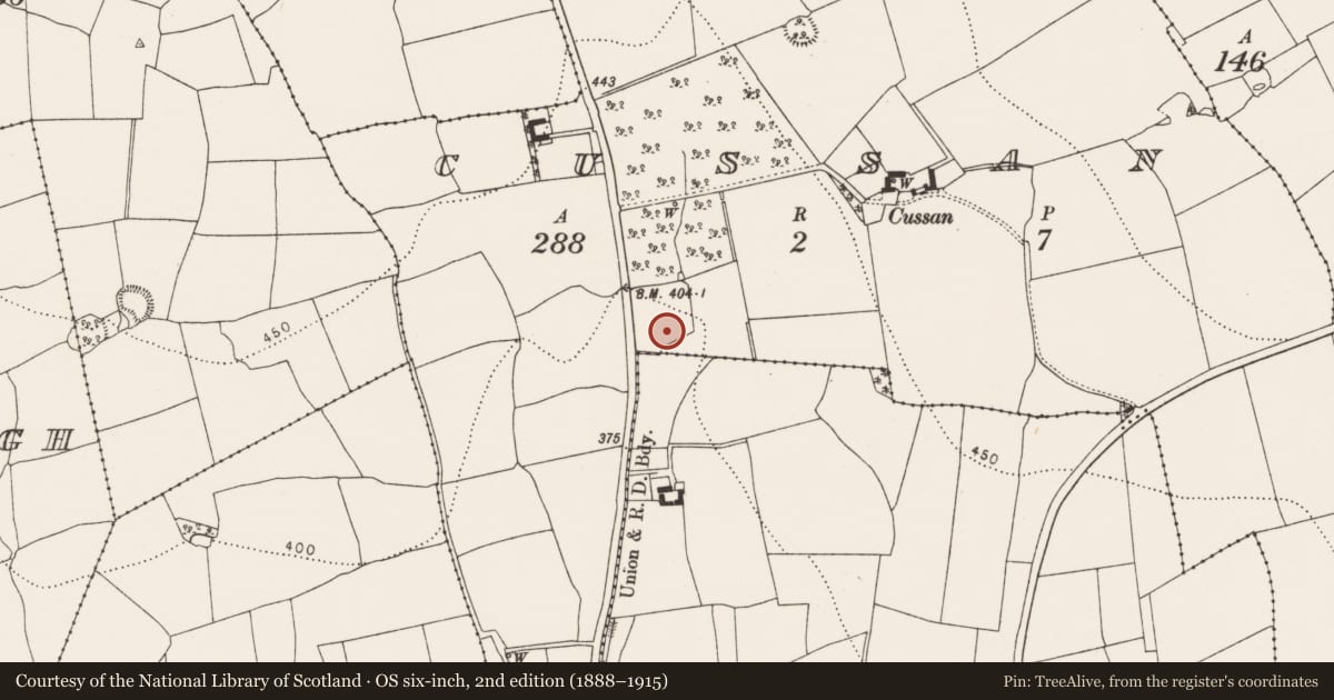 Ordnance Survey six-inch map, 2nd edition (1888–1915) covering the location of Fulacht fia, Cussan, County Kilkenny, with a pin at the register's coordinates