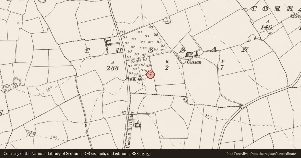 Ordnance Survey six-inch map, 2nd edition (1888–1915) covering the location of Fulacht fia, Cussan, County Kilkenny, with a pin at the register's coordinates