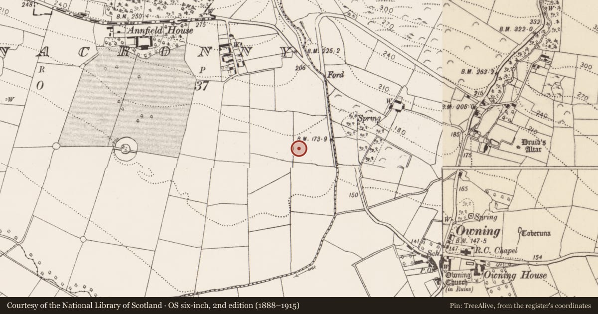 Ordnance Survey six-inch map, 2nd edition (1888–1915) covering the location of Penal Mass station, Ballynacronny, County Kilkenny, with a pin at the register's coordinates