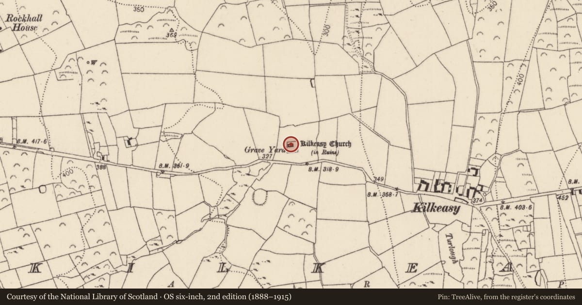 Ordnance Survey six-inch map, 2nd edition (1888–1915) covering the location of Church, Kilkeasy, County Kilkenny, with a pin at the register's coordinates