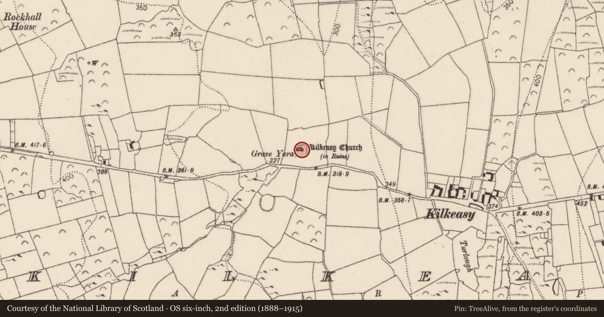 Ordnance Survey six-inch map, 2nd edition (1888–1915) covering the location of Graveyard, Kilkeasy, County Kilkenny, with a pin at the register's coordinates