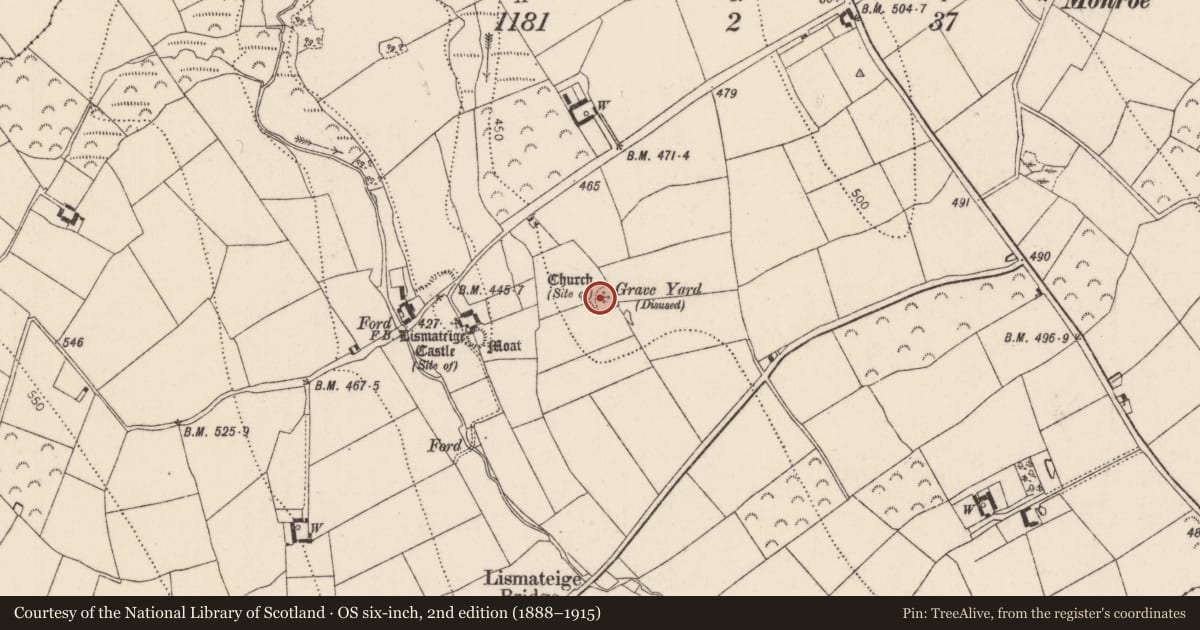 Ordnance Survey six-inch map, 2nd edition (1888–1915) covering the location of Church, Lismateige, County Kilkenny, with a pin at the register's coordinates