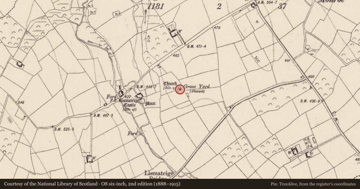 Ordnance Survey six-inch map, 2nd edition (1888–1915) covering the location of Ecclesiastical enclosure, Lismateige, County Kilkenny, with a pin at the register's coordinates