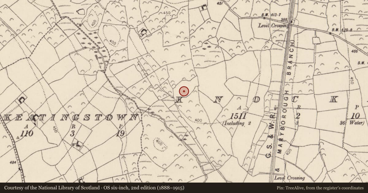 Ordnance Survey six-inch map, 2nd edition (1888–1915) covering the location of House - indeterminate date, Knockmoylan, County Kilkenny, with a pin at the register's coordinates