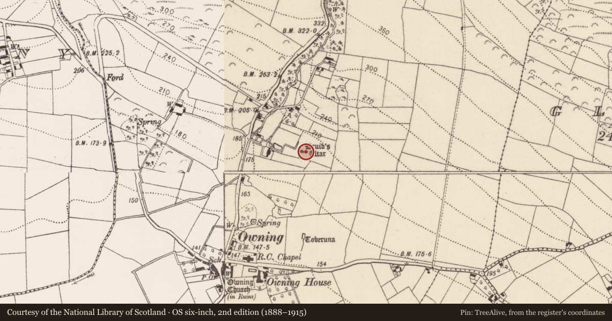 Ordnance Survey six-inch map, 2nd edition (1888–1915) covering the location of Megalithic tomb - portal tomb, Owning, County Kilkenny, with a pin at the register's coordinates