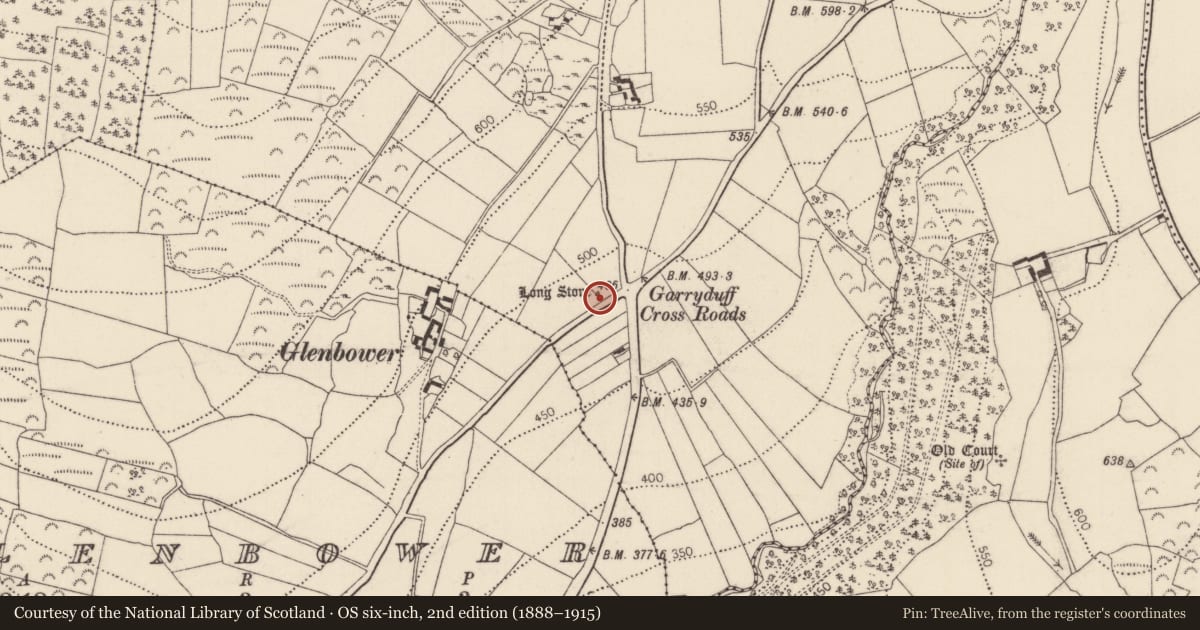 Ordnance Survey six-inch map, 2nd edition (1888–1915) covering the location of Standing stone, Garryduff, County Kilkenny, with a pin at the register's coordinates